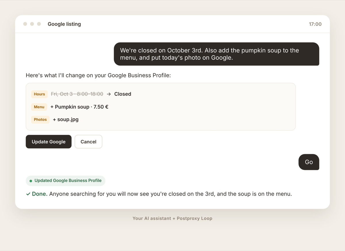 An AI assistant showing hours, menu and photo changes to a Google Business Profile before applying them