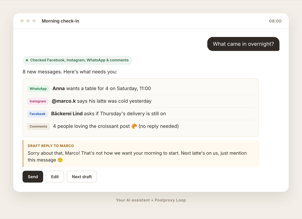 An AI assistant chat showing overnight messages from WhatsApp, Instagram and Facebook with a draft reply ready to send